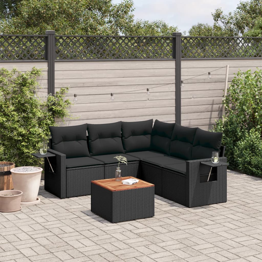 vidaXL 6-tlg. Garten-Sofagarnitur mit Kissen Schwarz Poly Rattan