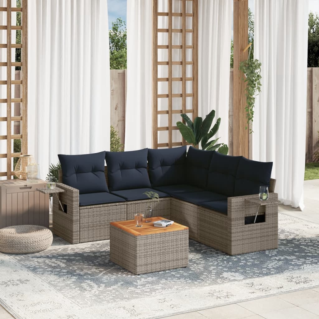 6 Piece Patio Sofa Set with Cushions Gray Poly Rattan