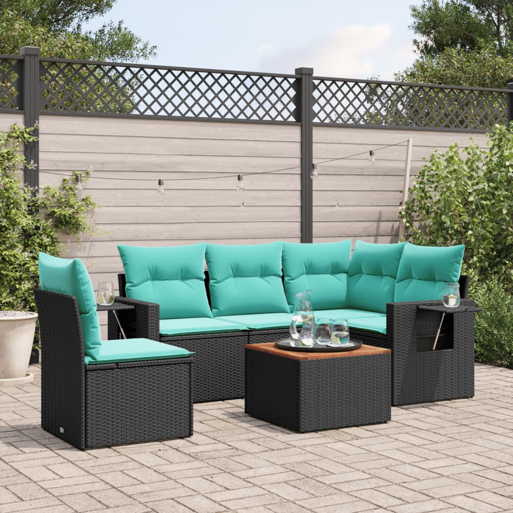 Havesofasæt i sort polyrattan med 6 blå hynder - modulært loungesæt