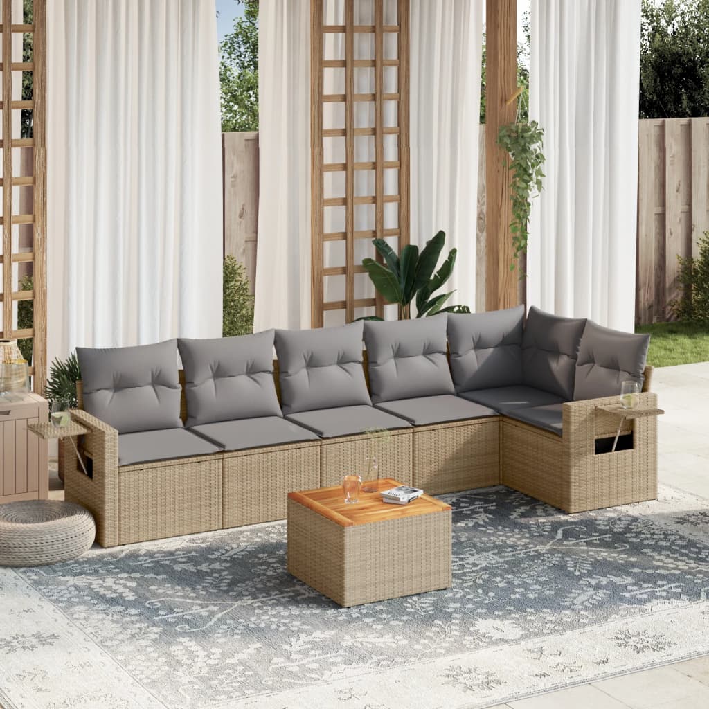 Set Divani da Giardino 7 pz con Cuscini Beige in Polyrattan