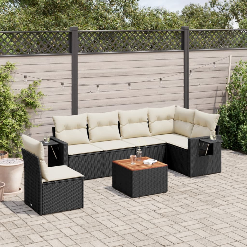 vidaXL 7-tlg. Garten-Sofagarnitur mit Kissen Schwarz Poly Rattan