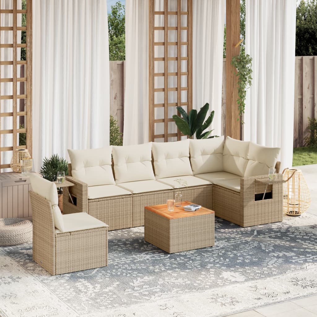 7-tlg. Garten-Sofagarnitur mit Kissen Beige Poly Rattan