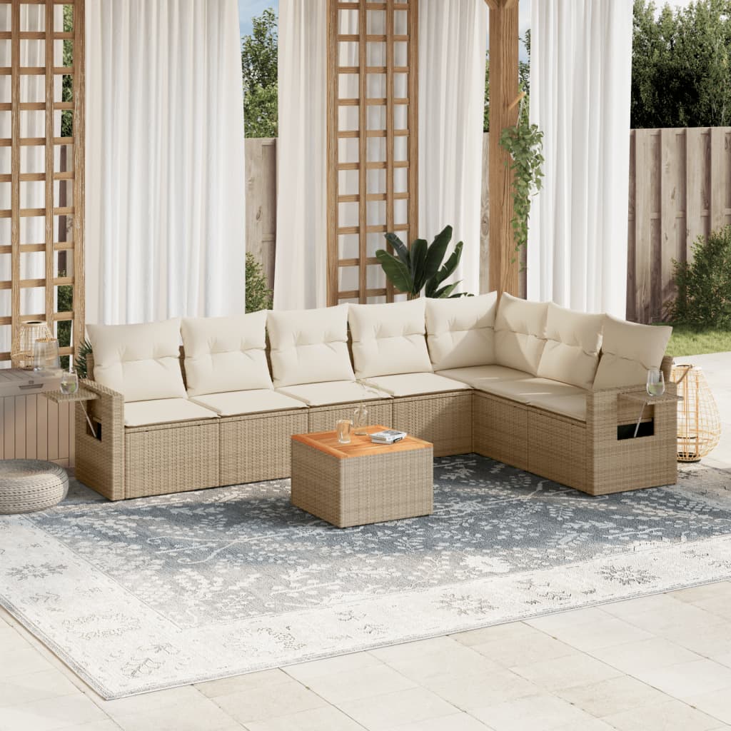 Set Divano da Giardino 8 pz con Cuscini Beige in Polyrattan