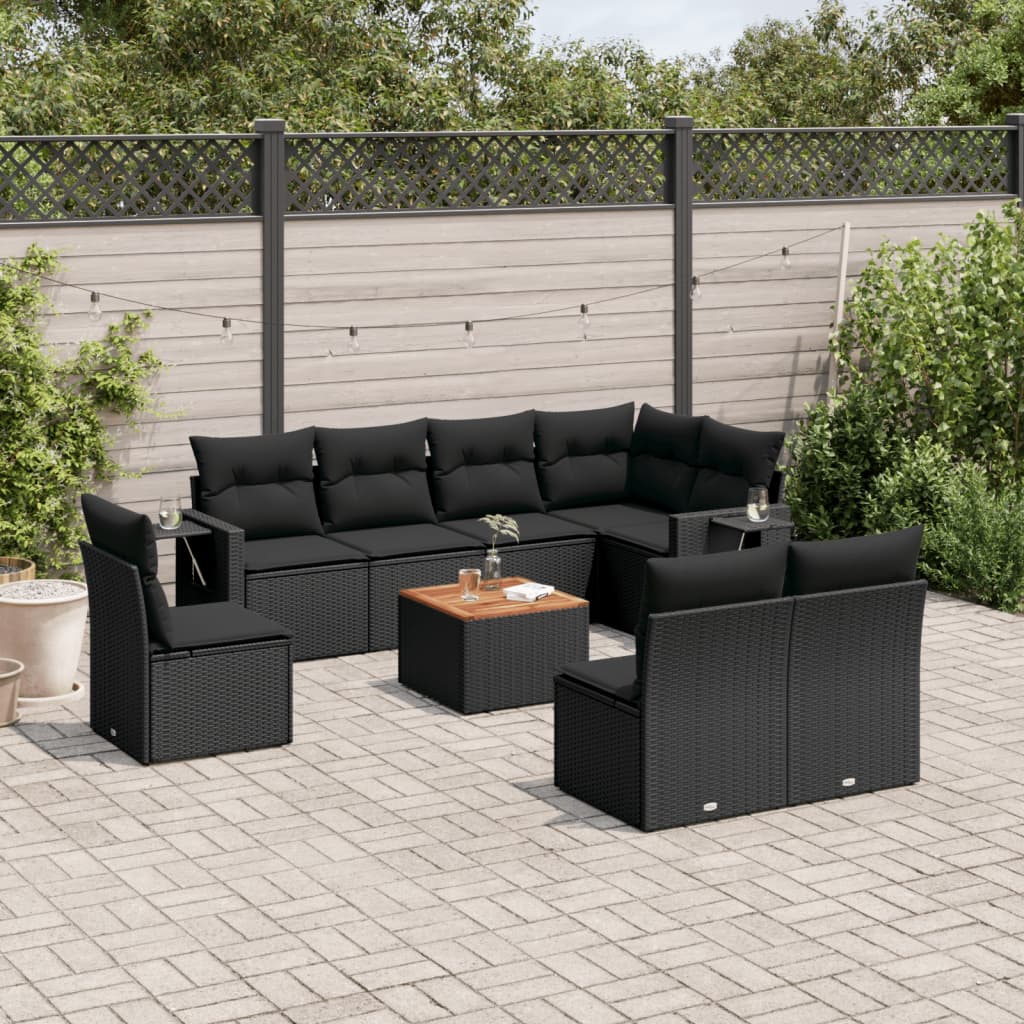 vidaXL 9-tlg. Garten-Sofagarnitur mit Kissen Schwarz Poly Rattan