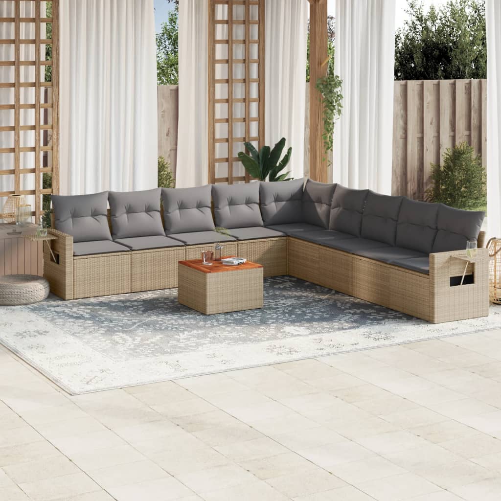 vidaXL 10-tlg. Garten-Sofagarnitur mit Kissen Beige Poly Rattan