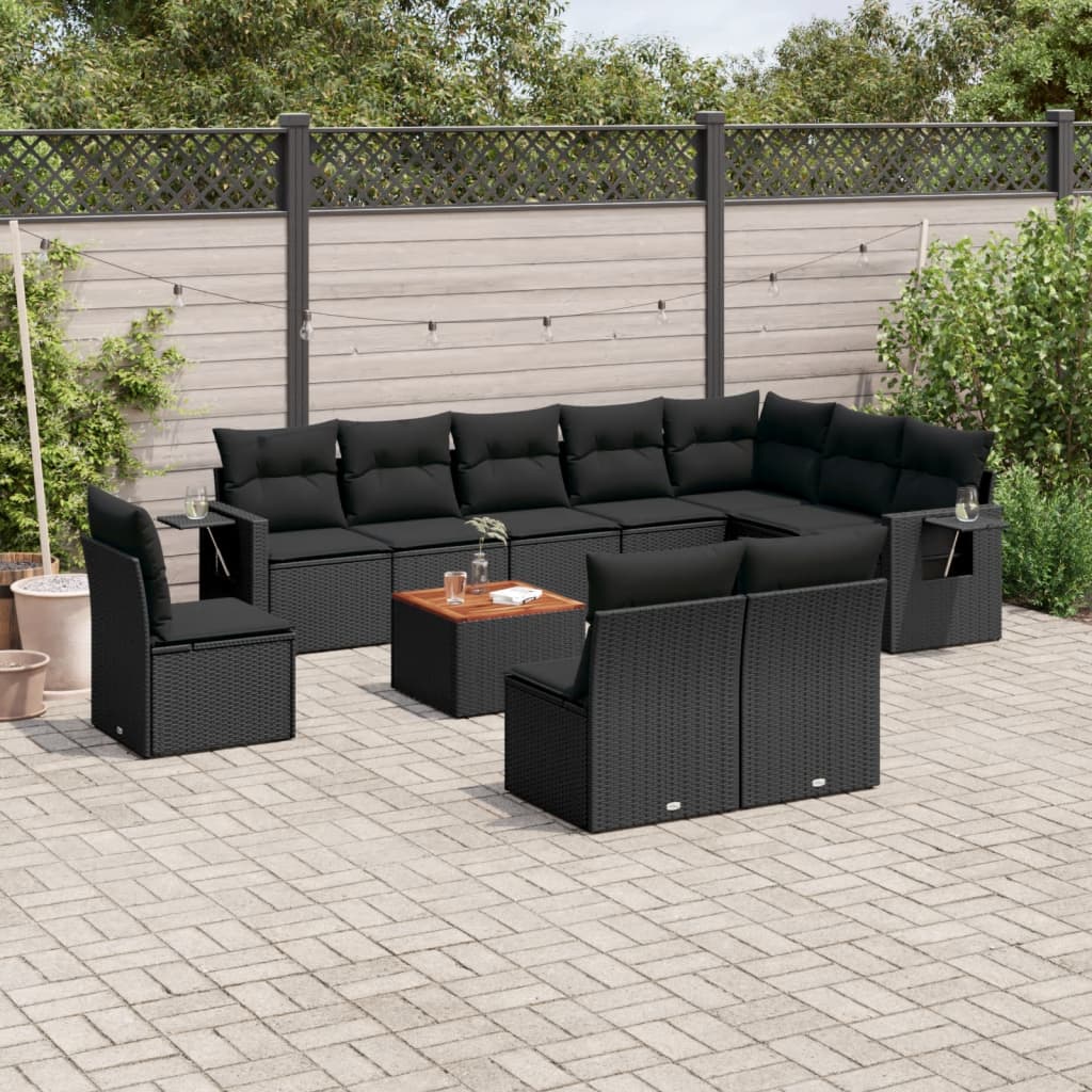 vidaXL 11-tlg. Garten-Sofagarnitur mit Kissen Schwarz Poly Rattan