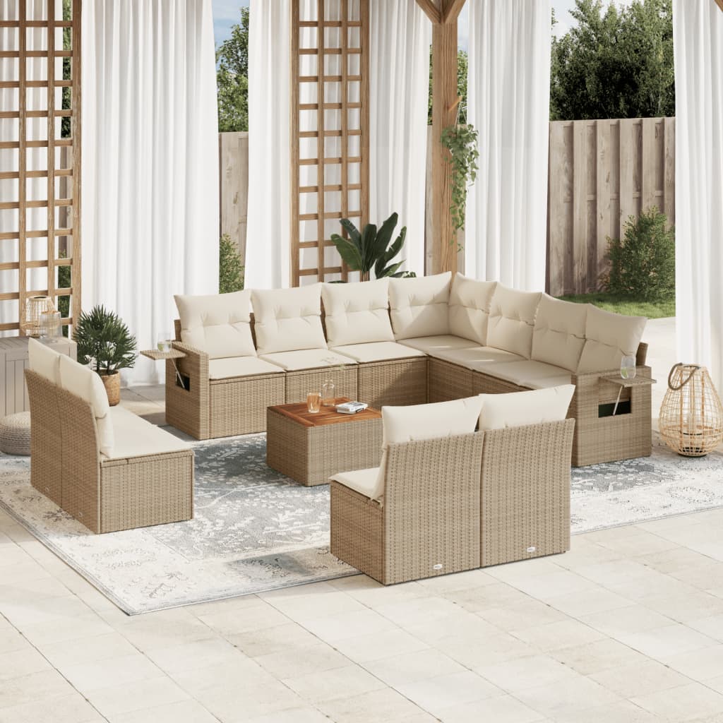 vidaXL 12-tlg. Garten-Sofagarnitur mit Kissen Beige Poly Rattan