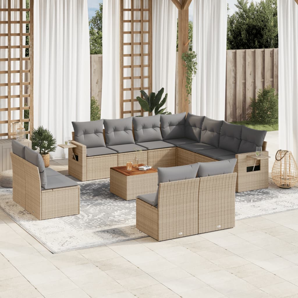 vidaXL 12-tlg. Garten-Sofagarnitur mit Kissen Beige Poly Rattan