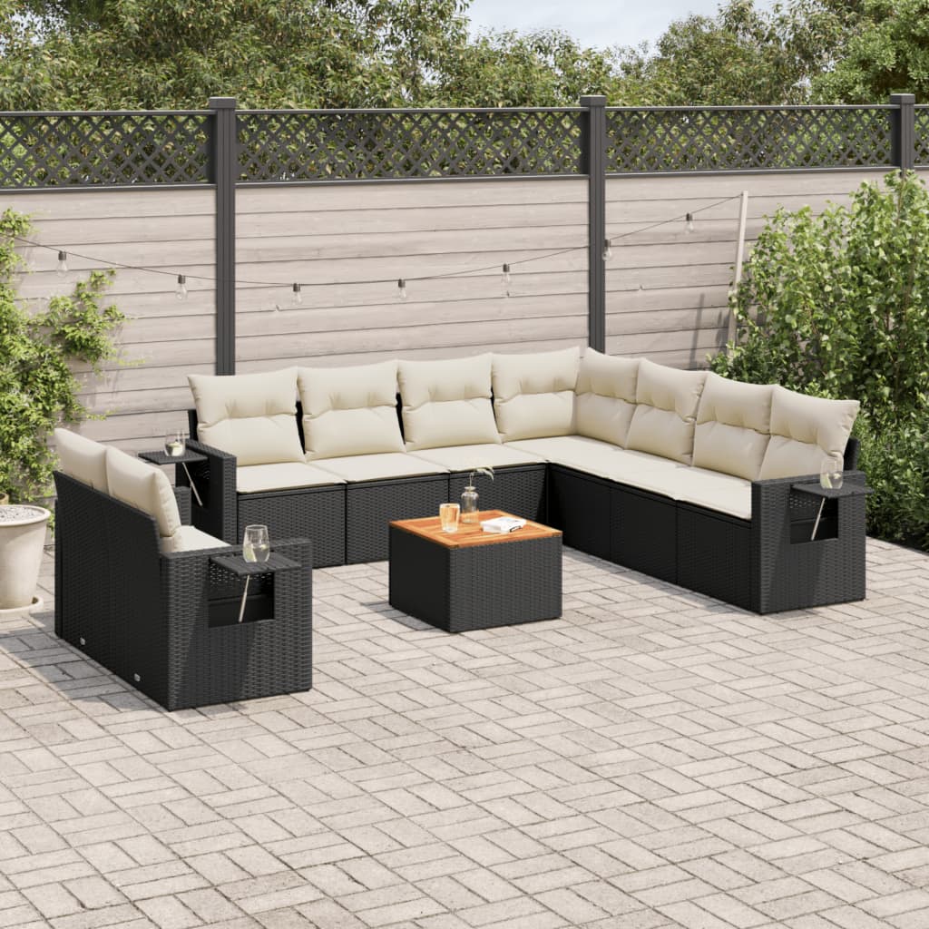 vidaXL 10-tlg. Garten-Sofagarnitur mit Kissen Schwarz Poly Rattan