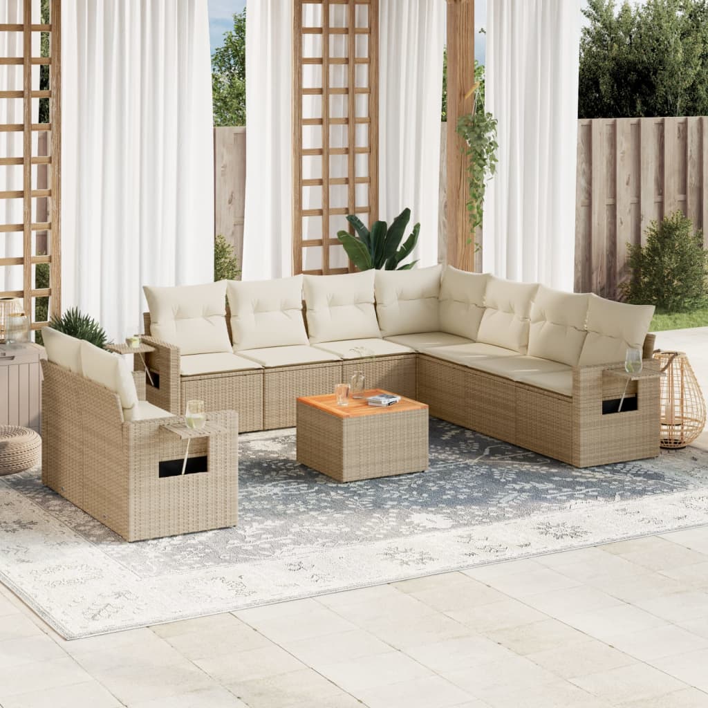 Set Divano da Giardino 10 pz con Cuscini Beige in Polyrattan