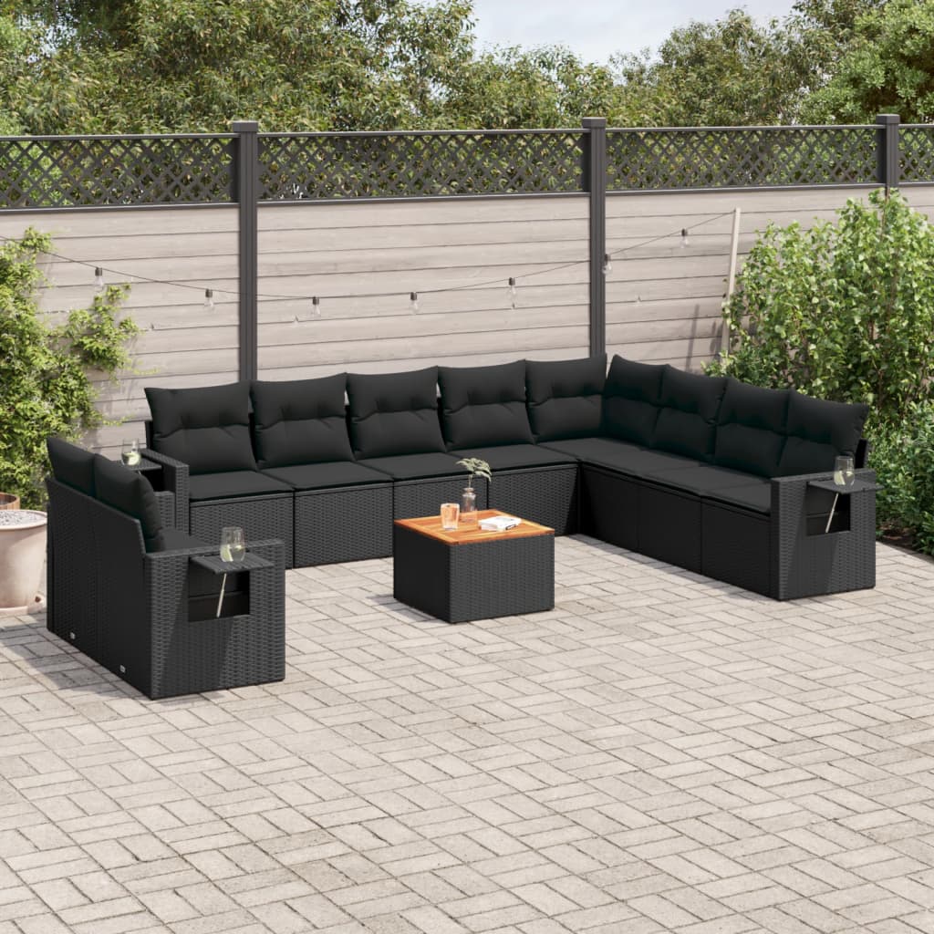 vidaXL 11-tlg. Garten-Sofagarnitur mit Kissen Schwarz Poly Rattan