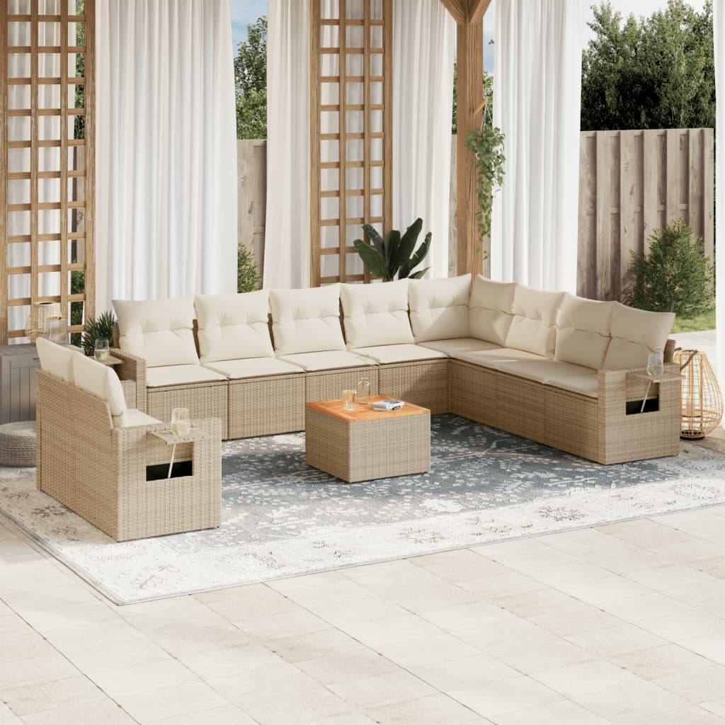 vidaXL 11-tlg. Garten-Sofagarnitur mit Kissen Beige Poly Rattan