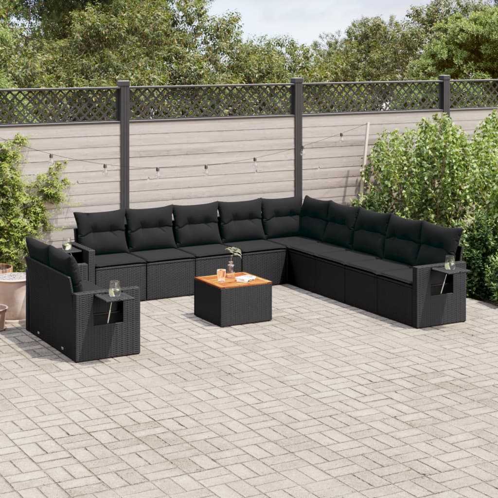 vidaXL 12-tlg. Garten-Sofagarnitur mit Kissen Schwarz Poly Rattan