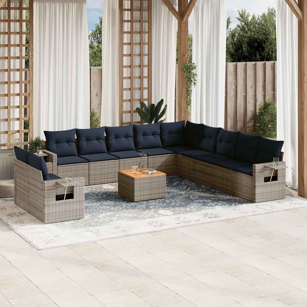 vidaXL 12-teiliges Gartensofa-Set mit Kissen, grau, Polyrattan