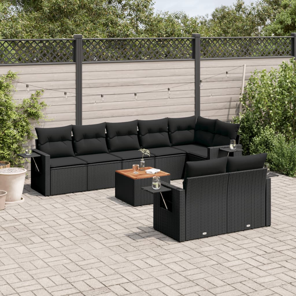 vidaXL 9-tlg. Garten-Sofagarnitur mit Kissen Schwarz Poly Rattan