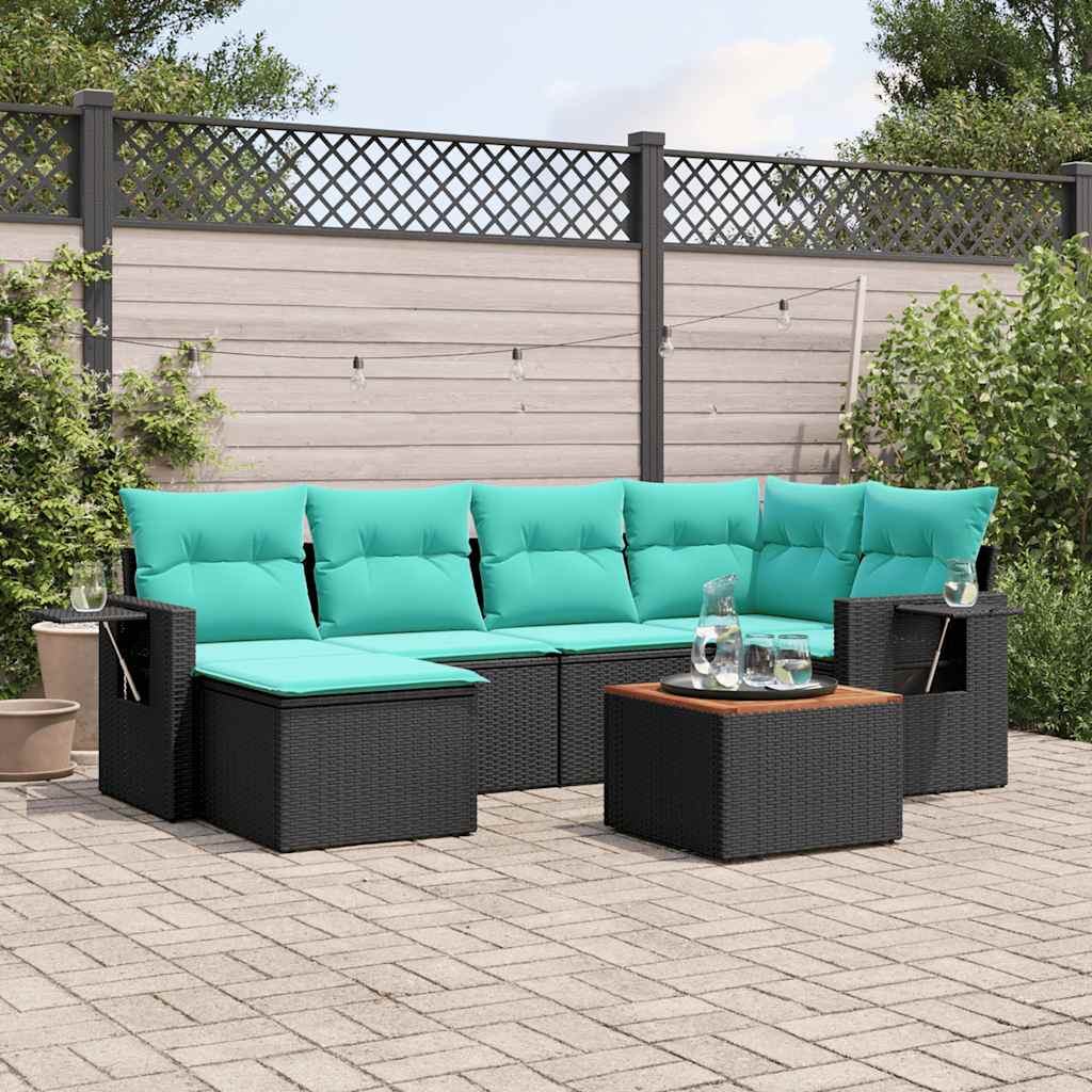 Havesofasæt i sort polyrattan med 7 blå hynder - modulært loungesæt