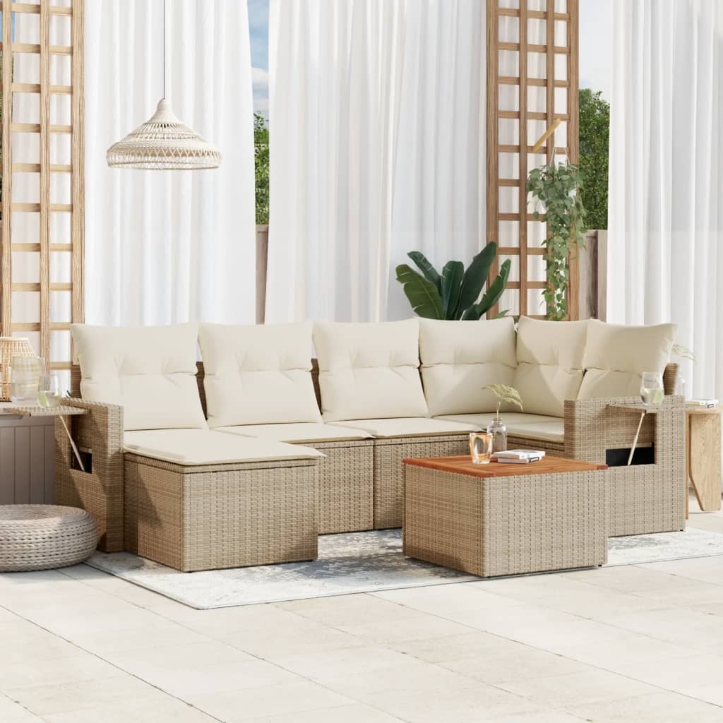 vidaXL 7-tlg. Garten-Sofagarnitur mit Kissen Beige Poly Rattan