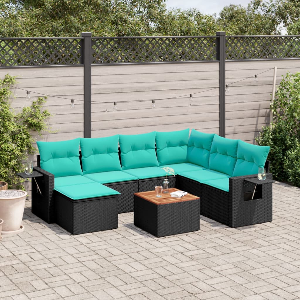 vidaXL 8-teiliges Gartensofa-Set mit Kissen, schwarzes Polyrattan