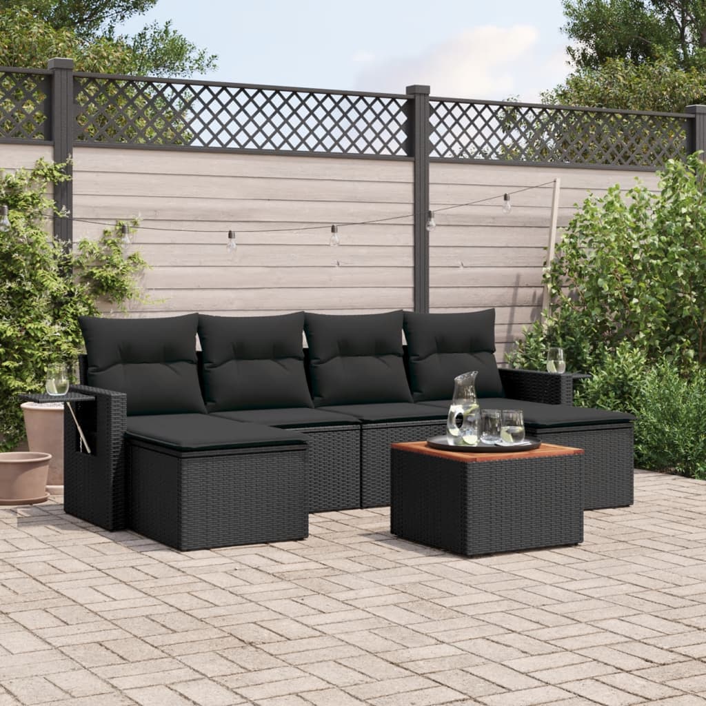 vidaXL 7-tlg. Garten-Sofagarnitur mit Kissen Schwarz Poly Rattan