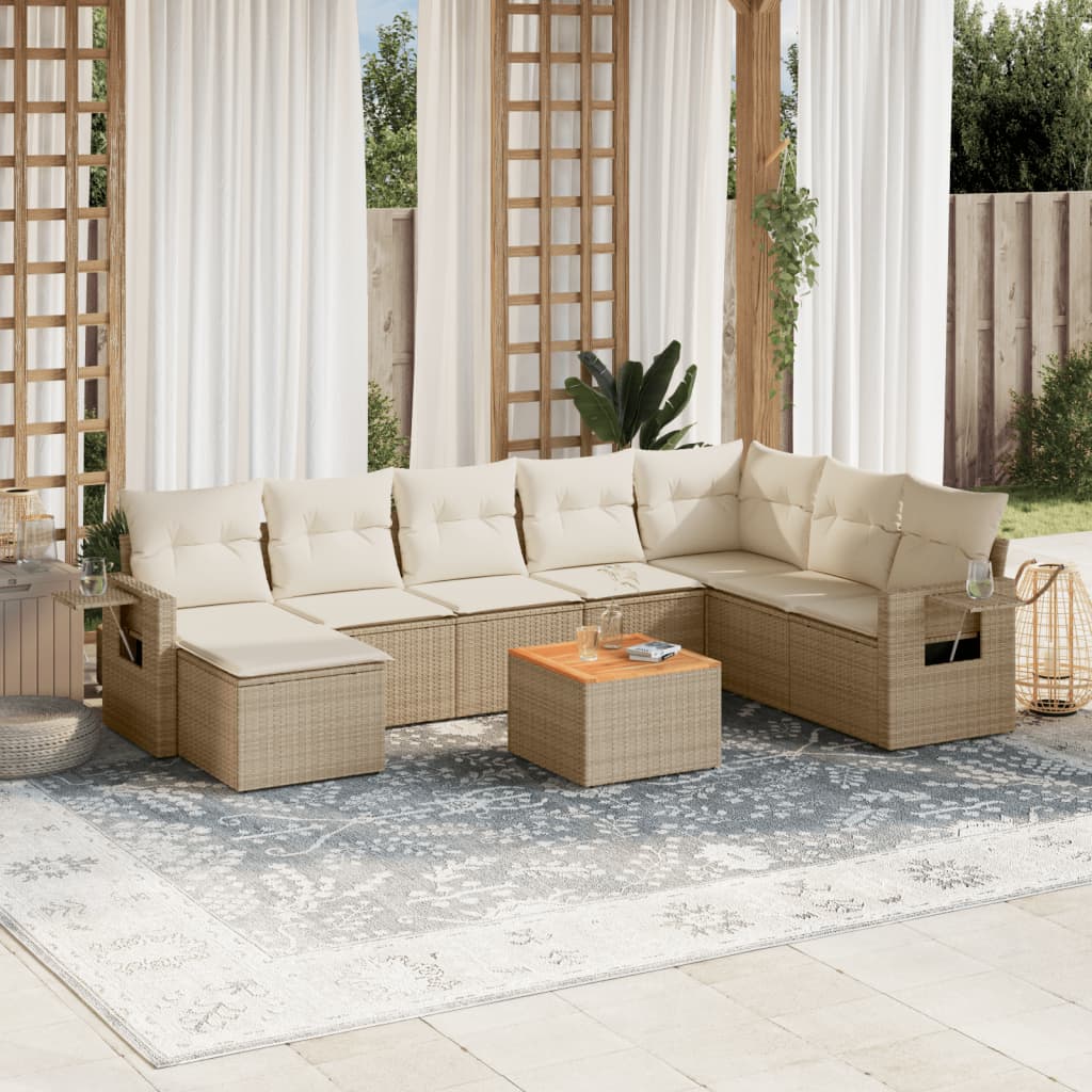 vidaXL 9-tlg. Garten-Sofagarnitur mit Kissen Beige Poly Rattan