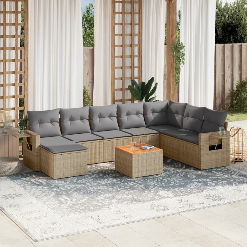 vidaXL 9-tlg. Garten-Sofagarnitur mit Kissen Beige Poly Rattan