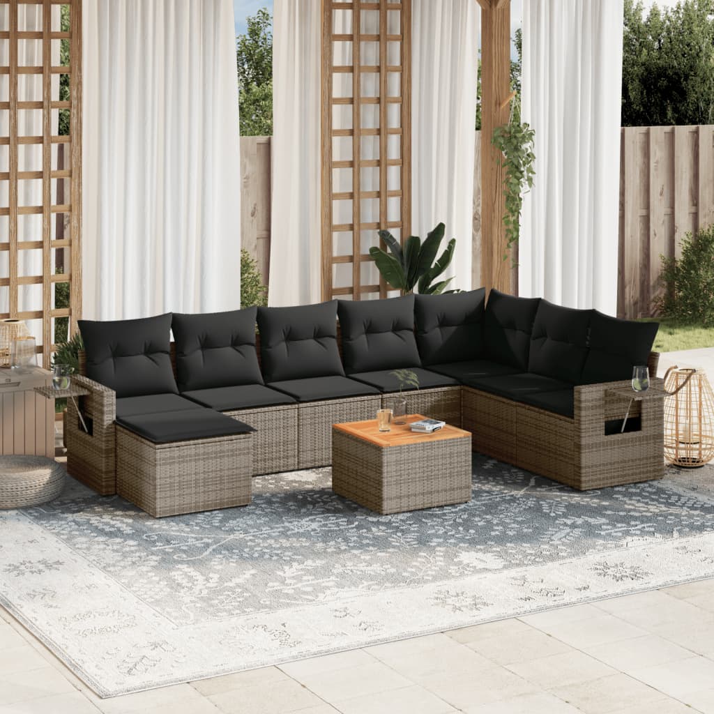 vidaXL 9-tlg. Garten-Sofagarnitur mit Kissen Grau Poly Rattan