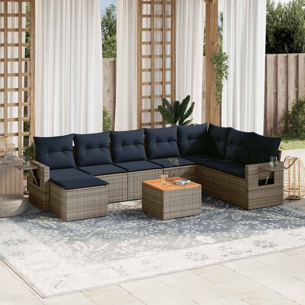 Havesofasæt i grå polyrattan - 9 dele med marineblå hynder