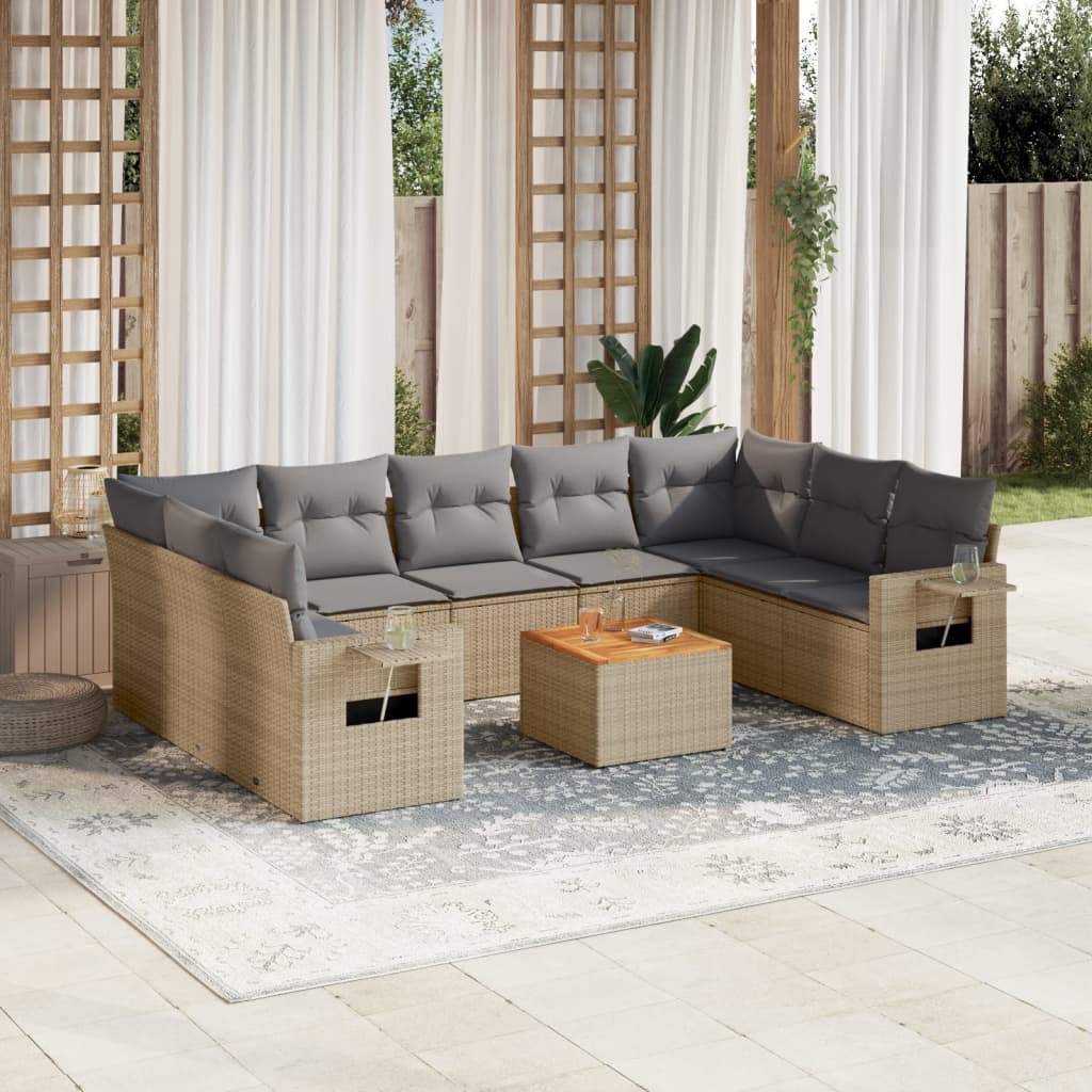 Set Divano da Giardino 10 pz con Cuscini Beige in Polyrattan