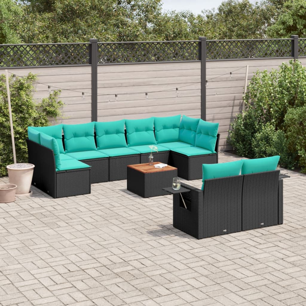 vidaXL 10-teiliges Gartensofa-Set mit Kissen, schwarzes Polyrattan