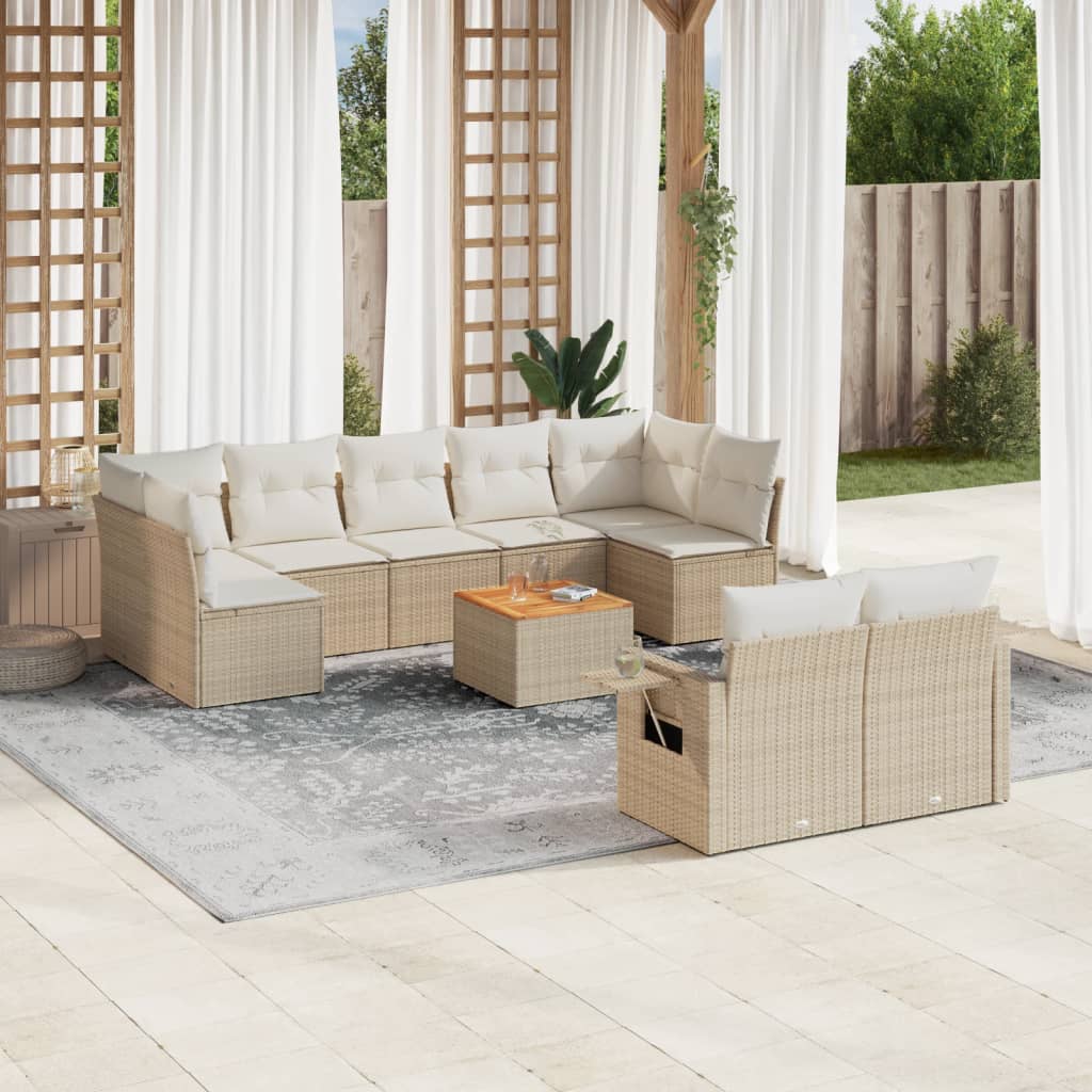 vidaXL 10-delige Loungeset met kussens poly rattan beige