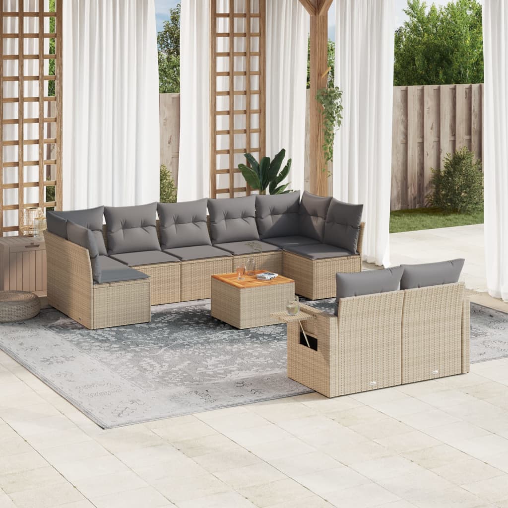 vidaXL 10-tlg. Garten-Sofagarnitur mit Kissen Beige Poly Rattan