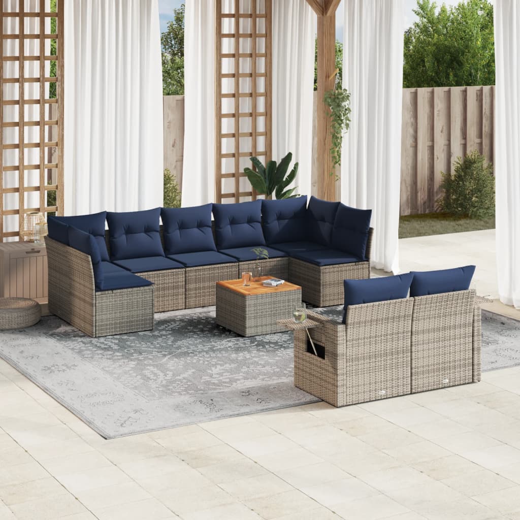 vidaXL 10-teiliges Gartensofa-Set mit Kissen, grau, Polyrattan