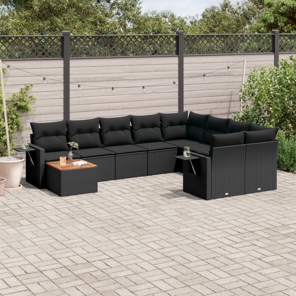 vidaXL 10-tlg. Garten-Sofagarnitur mit Kissen Schwarz Poly Rattan