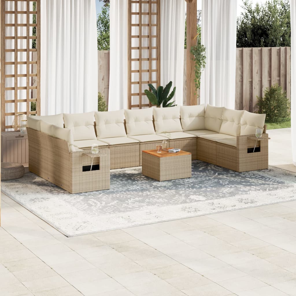 vidaXL 11-tlg. Garten-Sofagarnitur mit Kissen Beige Poly Rattan