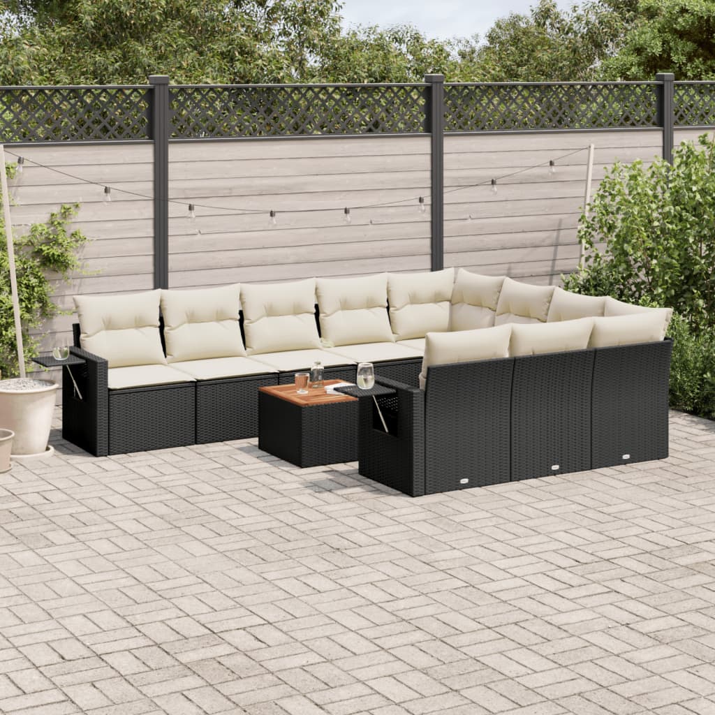 vidaXL 11-tlg. Garten-Sofagarnitur mit Kissen Schwarz Poly Rattan