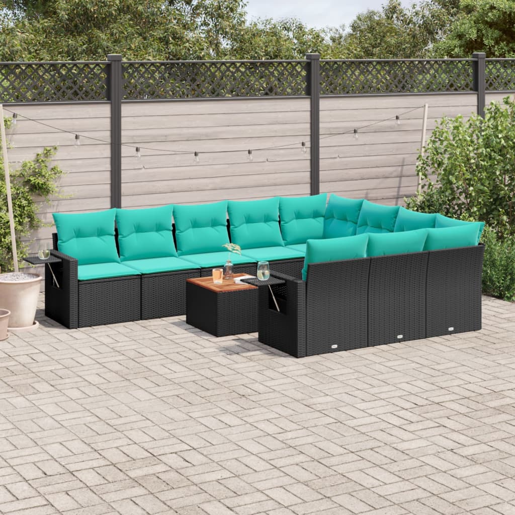 11 Piece Patio Sofa Set with Cushions Black Poly Rattan