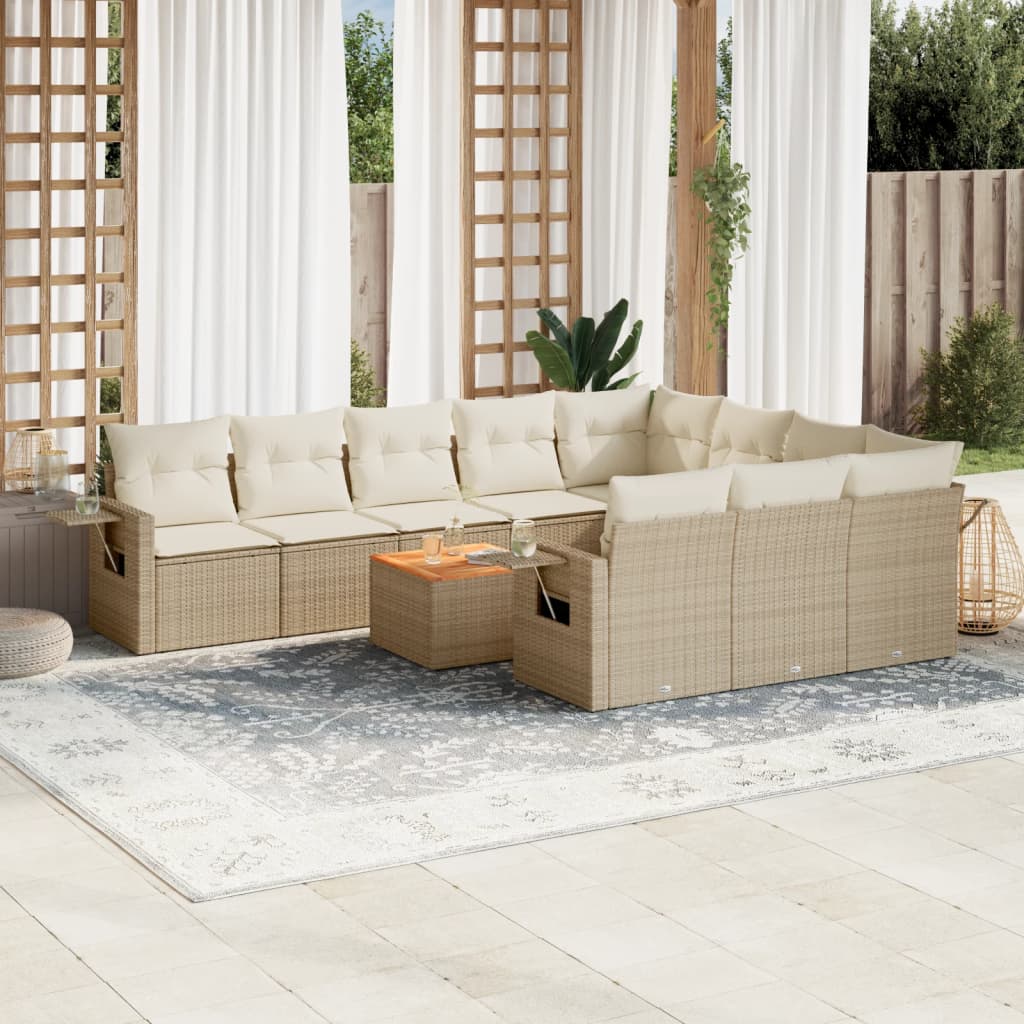 vidaXL 11-tlg. Garten-Sofagarnitur mit Kissen Beige Poly Rattan