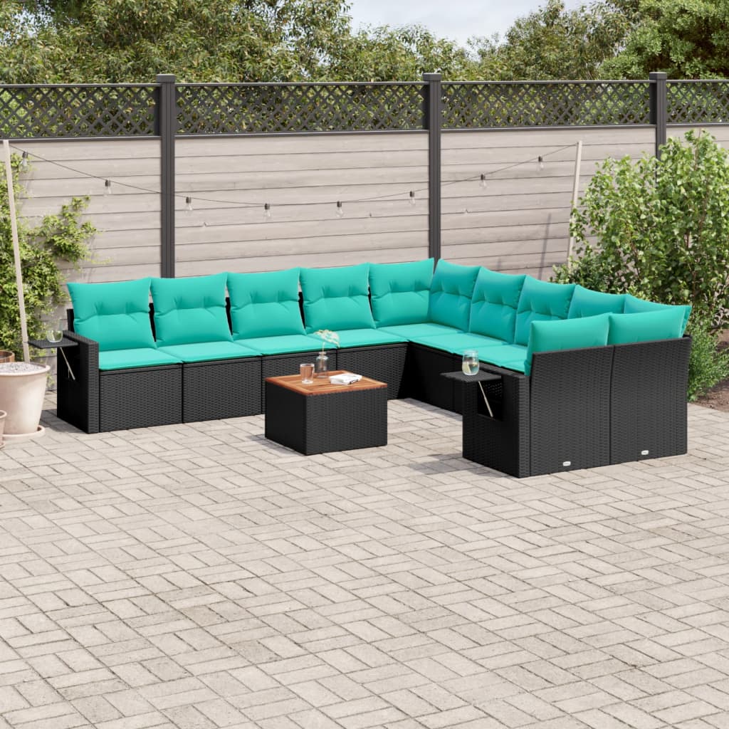 11 Piece Patio Sofa Set with Cushions Black Poly Rattan