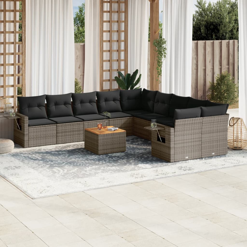 vidaXL 11-tlg. Garten-Sofagarnitur mit Kissen Grau Poly Rattan