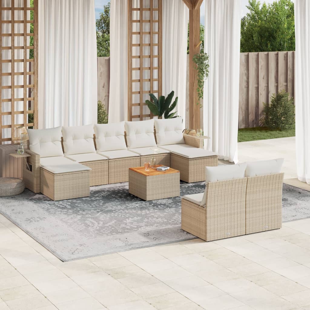 vidaXL 10-tlg. Garten-Sofagarnitur mit Kissen Beige Poly Rattan