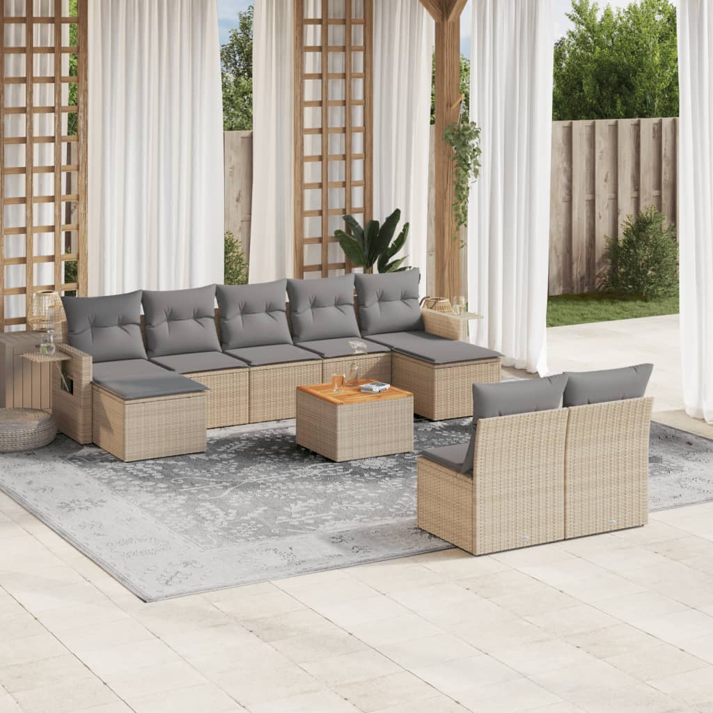 vidaXL 10-tlg. Garten-Sofagarnitur mit Kissen Beige Poly Rattan