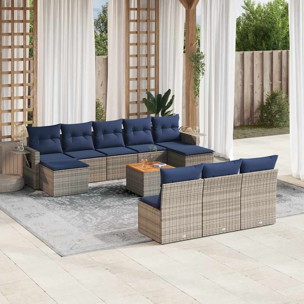 vidaXL 11-teiliges Gartensofa-Set mit Kissen, grau, Polyrattan
