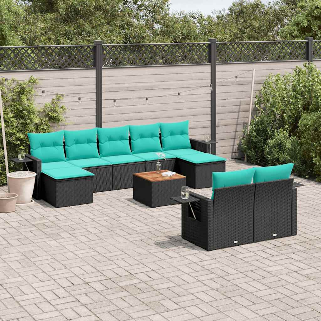 10 Piece Patio Sofa Set with Cushions Black Poly Rattan