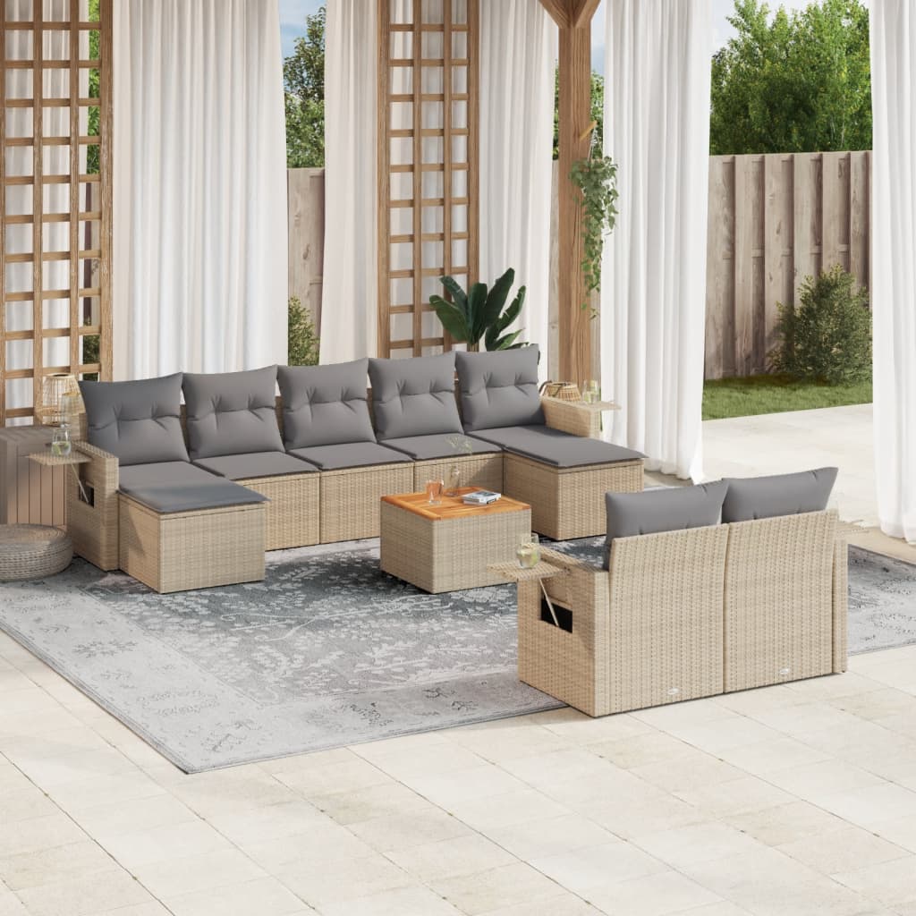 vidaXL 10-tlg. Garten-Sofagarnitur mit Kissen Beige Poly Rattan