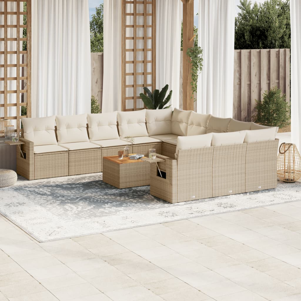 vidaXL 12-tlg. Garten-Sofagarnitur mit Kissen Beige Poly Rattan