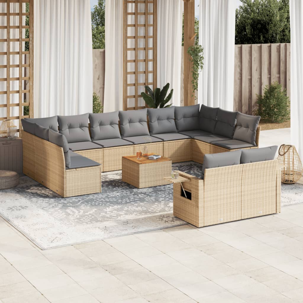 vidaXL 13-tlg. Garten-Sofagarnitur mit Kissen Beige Poly Rattan