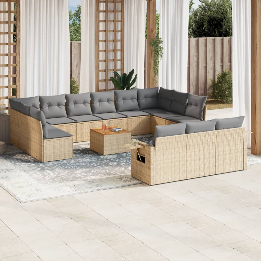 vidaXL 14-tlg. Garten-Sofagarnitur mit Kissen Beige Poly Rattan