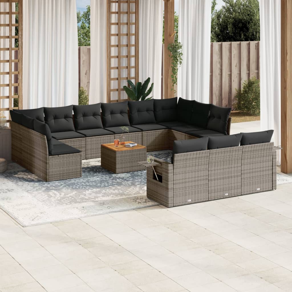 vidaXL 14-tlg. Garten-Sofagarnitur mit Kissen Grau Poly Rattan