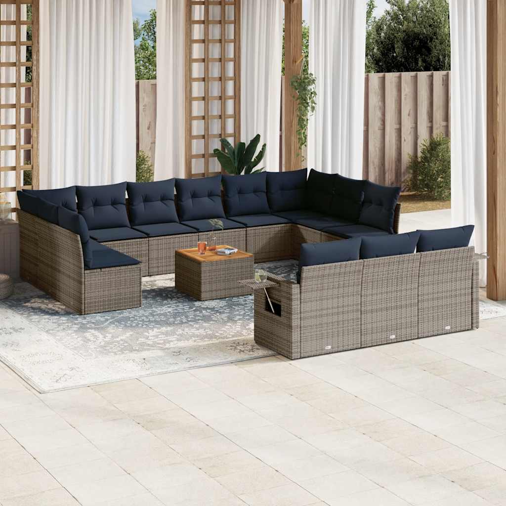 vidaXL 14-teiliges Gartensofa-Set mit Kissen, grau, Polyrattan