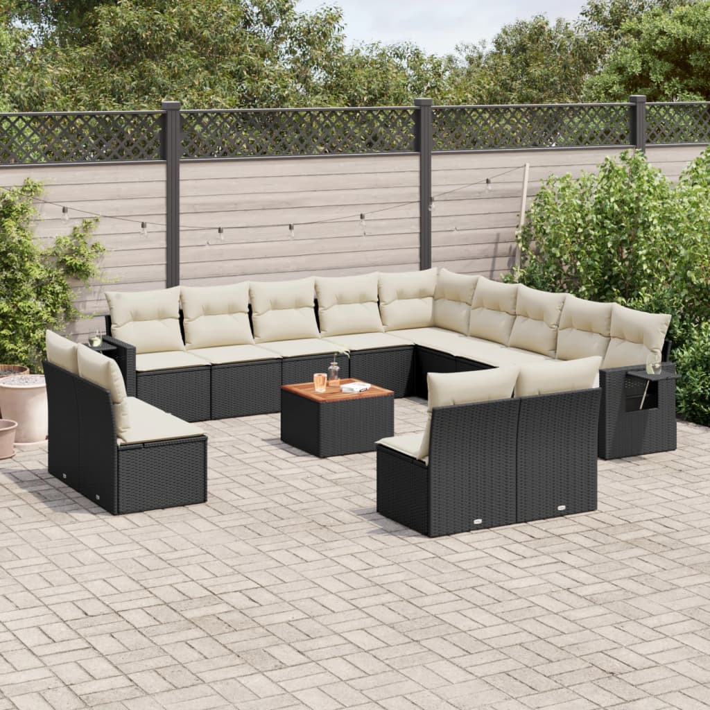 vidaXL 14-tlg. Garten-Sofagarnitur mit Kissen Schwarz Poly Rattan